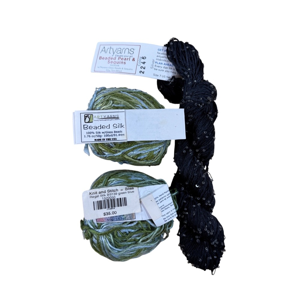 Artyarns Beaded Silk Pearl Sequins Yarn Lot 3‎ Skeins Blue Green Black